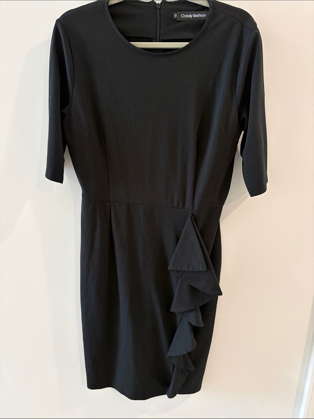 Oxiuly Fashion Black Midi Dress with Cascading Ruffle